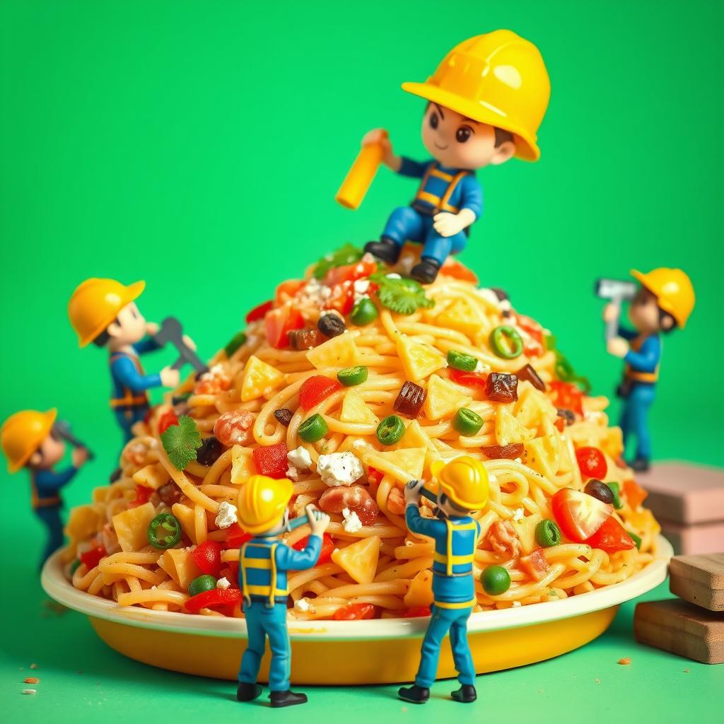 A whimsical scene featuring a large, delicious dish with miniature construction workers actively working on it