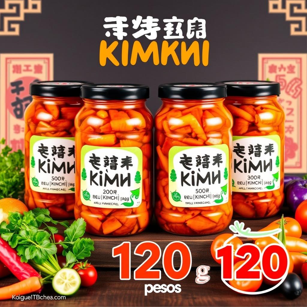 A vibrant advertisement showcasing jars of kimchi with a focus on the bright, colorful ingredients