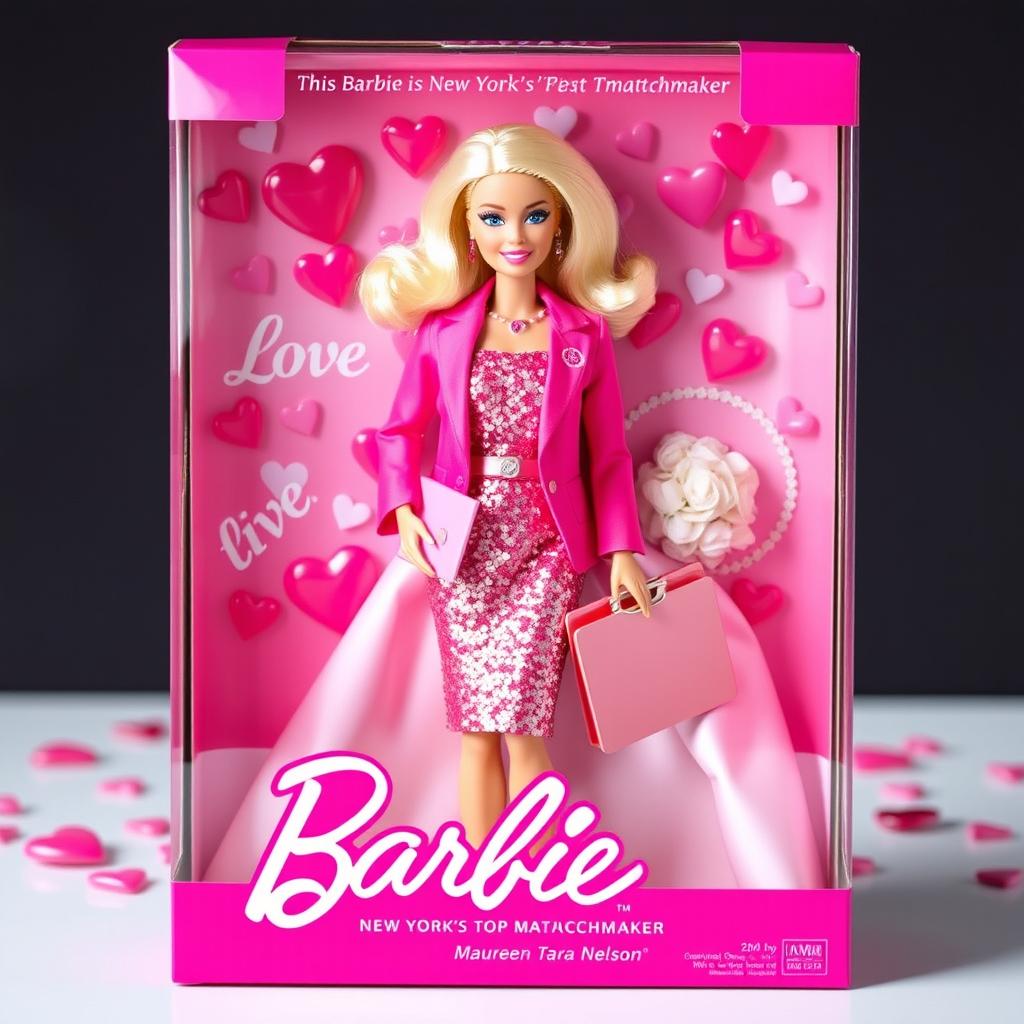 A vibrant and glossy pink packaging box with a clear window showcasing a Barbie doll set against a romantic wedding background filled with hearts