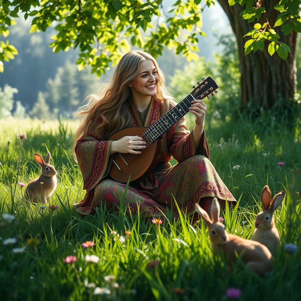 A bard sitting down in a lush green meadow, playing a jawharp