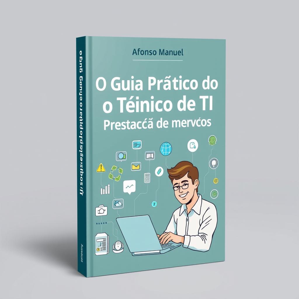 A book cover design featuring a smiling IT technician engaged in work on a laptop, surrounded by an array of icons that represent various IT services such as cloud computing, cybersecurity, and technical support