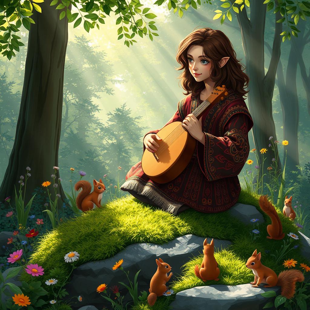 A bard sitting down on a mossy rock in a picturesque forest glade, playing a jawharp