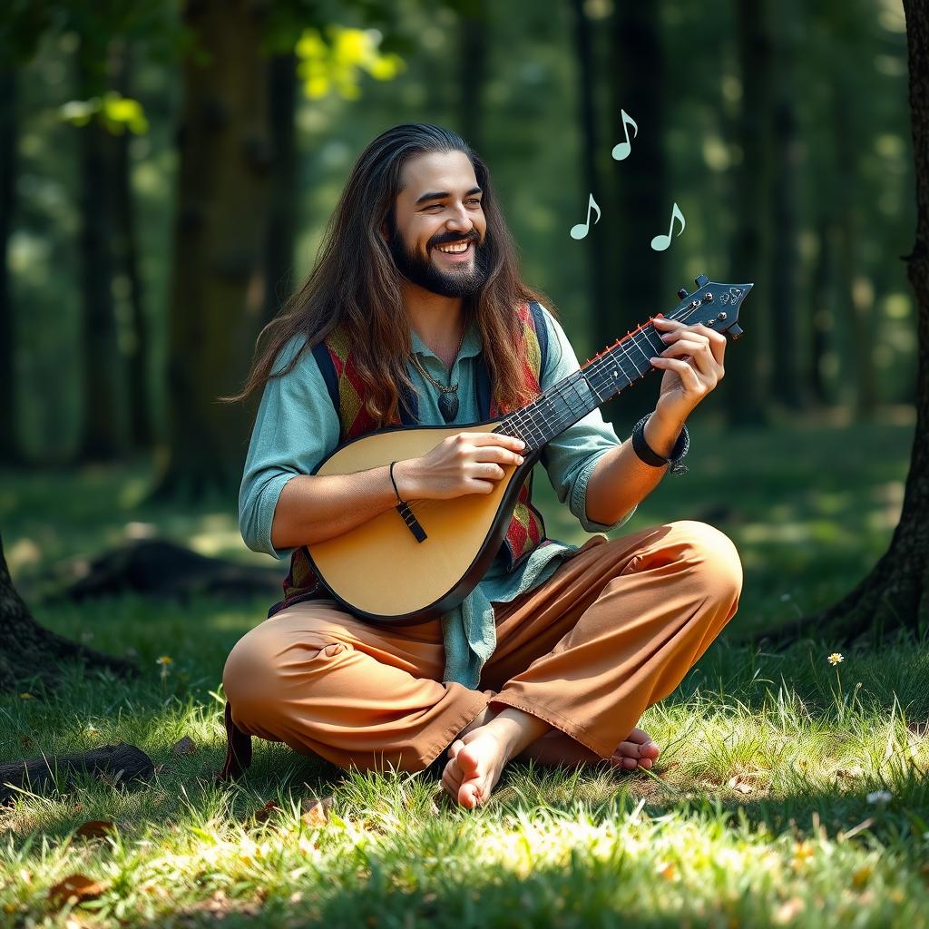 A bard with long flowing hair, wearing a colorful vest and stylish trousers, sitting cross-legged on the ground
