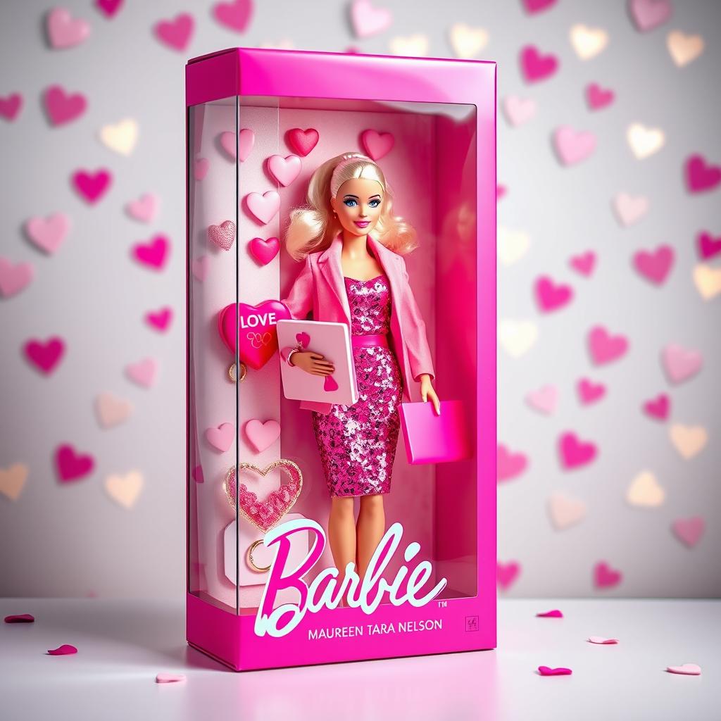 A vibrant and glossy pink packaging box featuring a clear window that elegantly showcases a Barbie doll set against a romantic wedding background filled with hearts