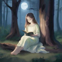 The young girl, now leaning back against a thick tree trunk under the luminescent moonlight, still cradling the book in her lap, on the verge of sleep in the serene forest.