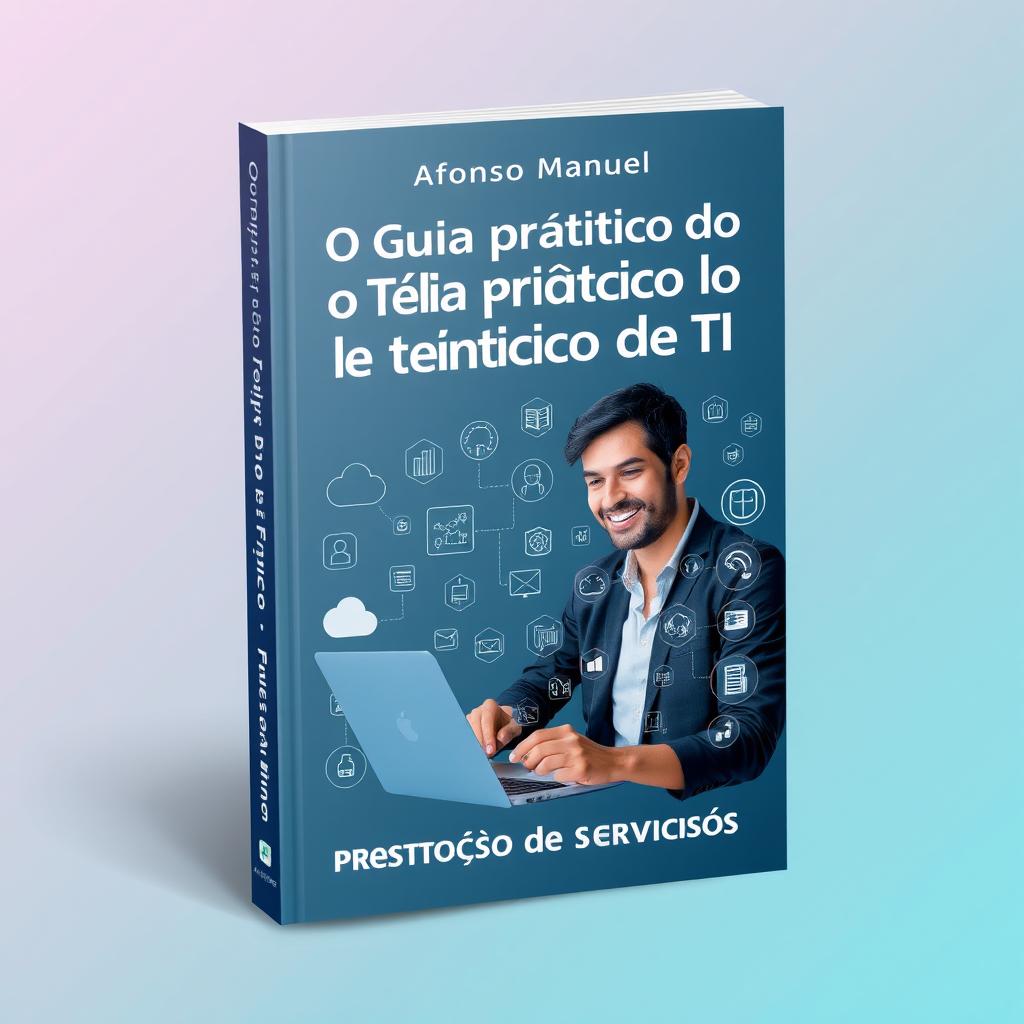 A book cover design showcasing a smiling IT technician working intently on a laptop, surrounded by a variety of icons representing IT services such as cloud storage, cybersecurity, technical support, and networking