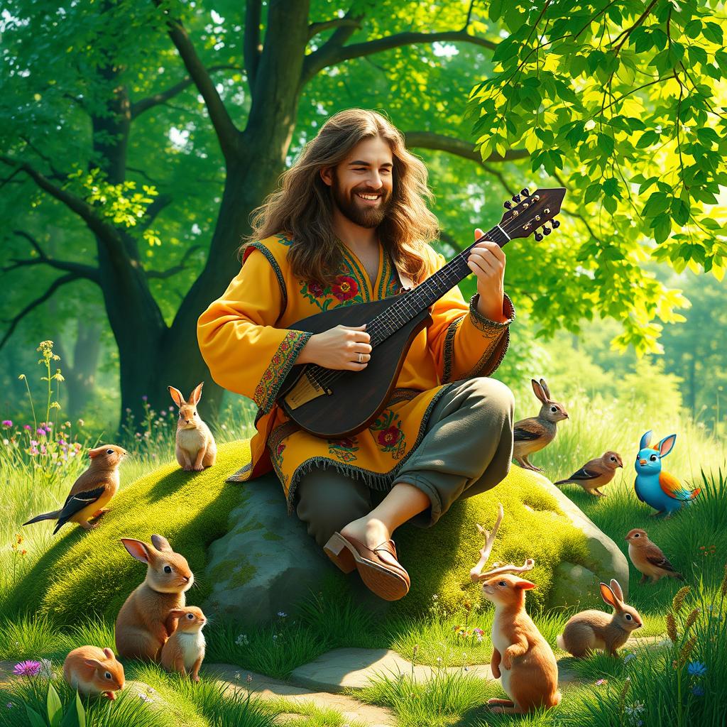 A bard with long, wavy hair, dressed in a vibrant, embroidered tunic and comfortable trousers, seated comfortably on a large mossy rock in a sunlit glade
