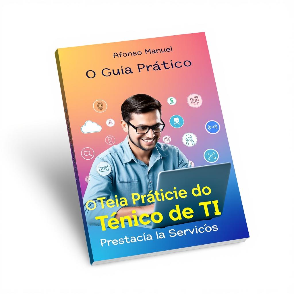 A vibrant book cover design featuring a smiling IT technician focused on working on a laptop