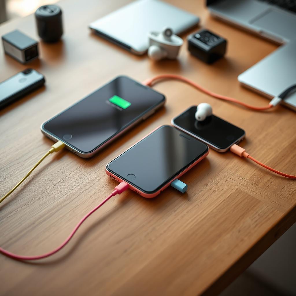 A flat lay arrangement of various electronic devices being charged simultaneously, including a smartphone, tablet, and wireless earbuds, with vibrant colored charging cables connected to each device