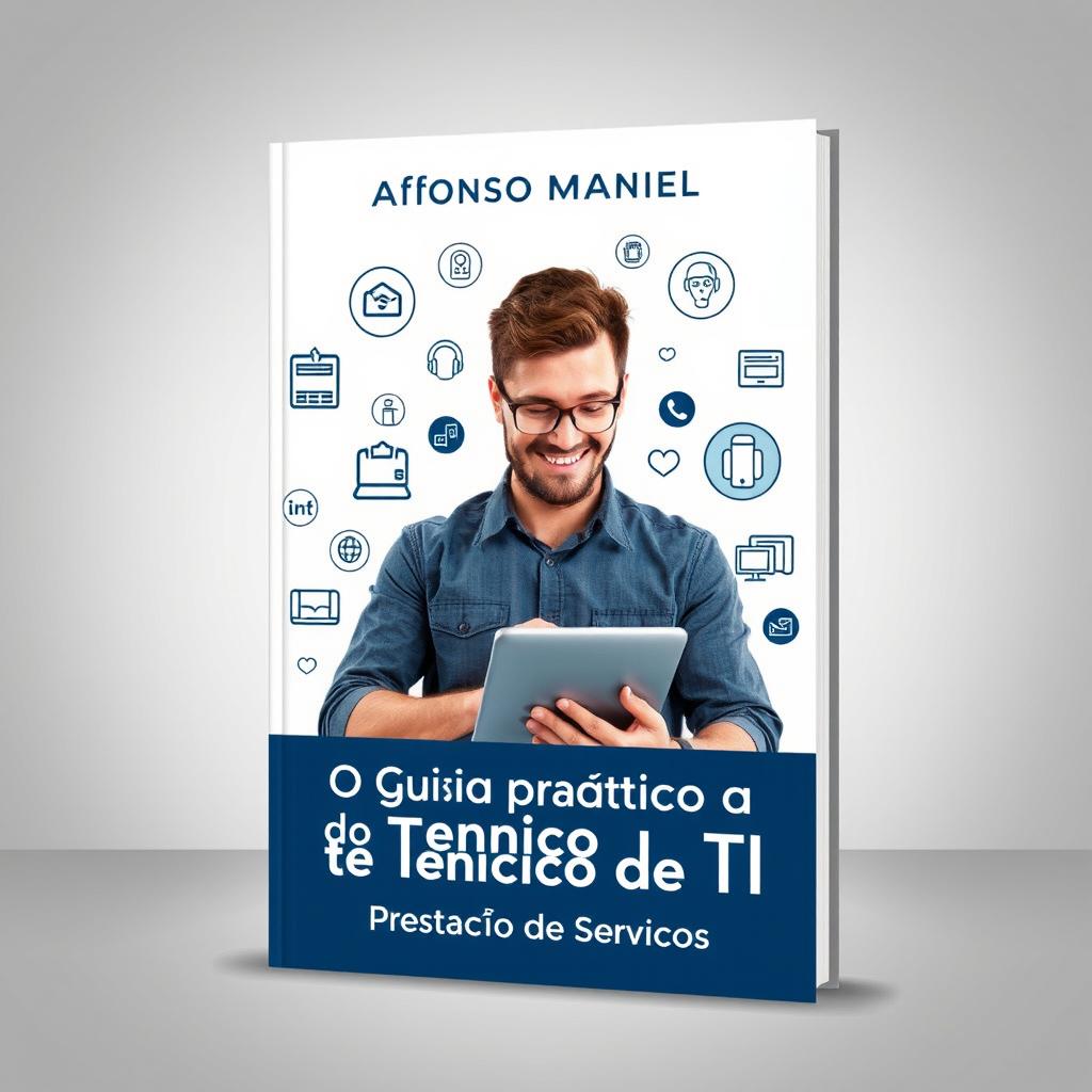 An ebook cover design featuring a cheerful IT technician working on a notebook, surrounded by various icons that represent IT services such as cloud storage, cybersecurity, tech support, and networking