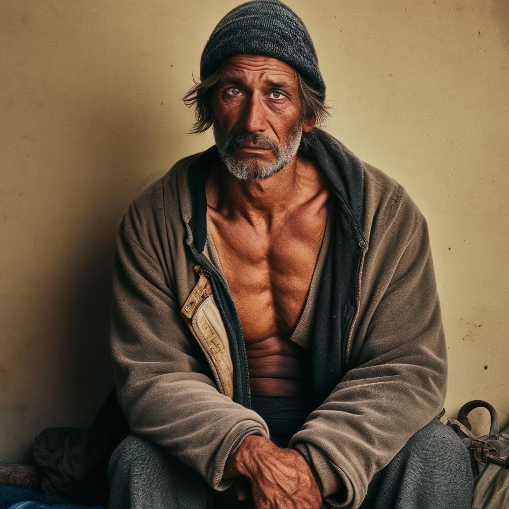 A muscled homeless man emanating resilience despite his hardships, with worn clothing and a determined gaze.