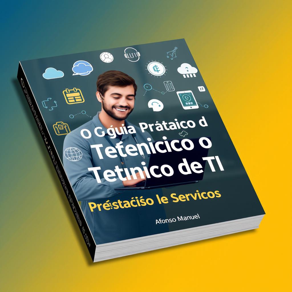 An ebook cover design featuring a cheerful IT technician diligently working on a laptop, surrounded by various icons symbolizing IT services, such as cloud computing, cybersecurity, technical support, and networking