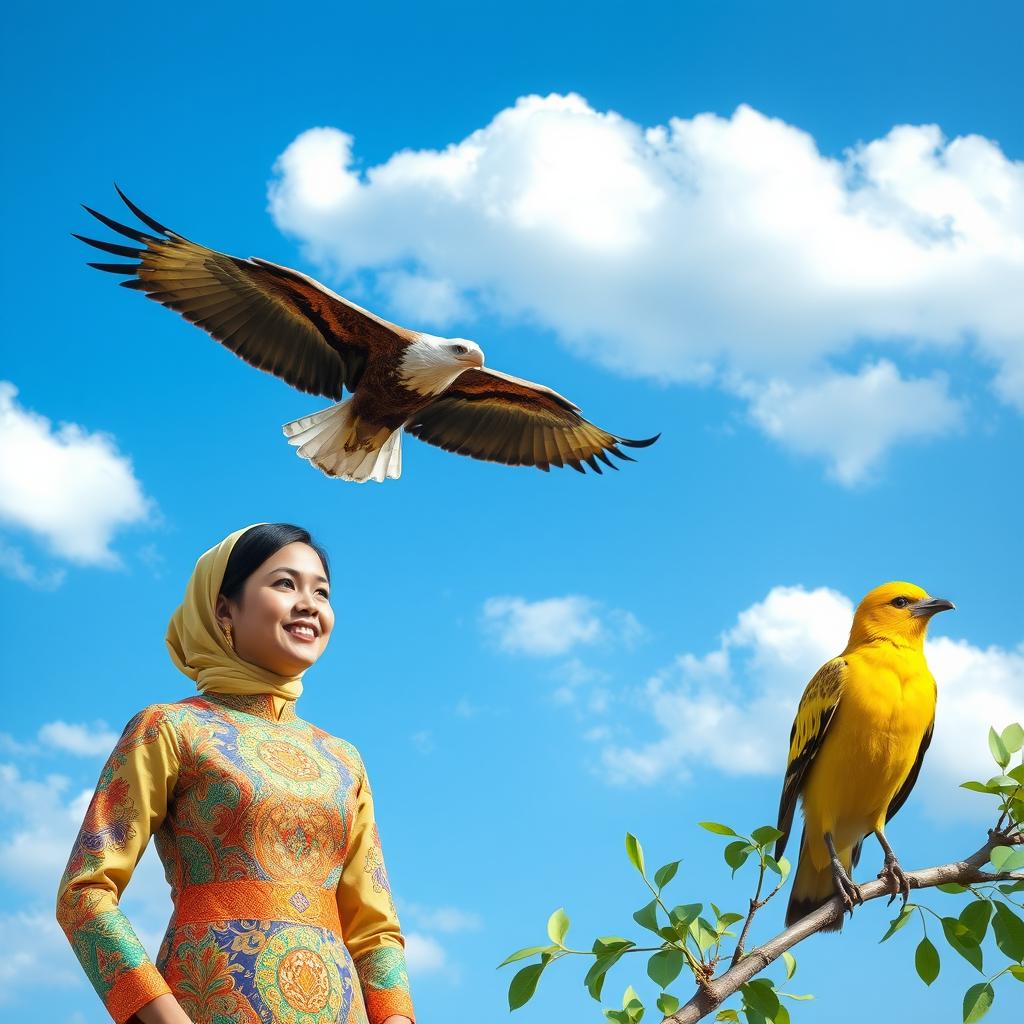 A beautiful scene depicting a majestic eagle soaring through a clear blue sky, with fluffy white clouds in the background