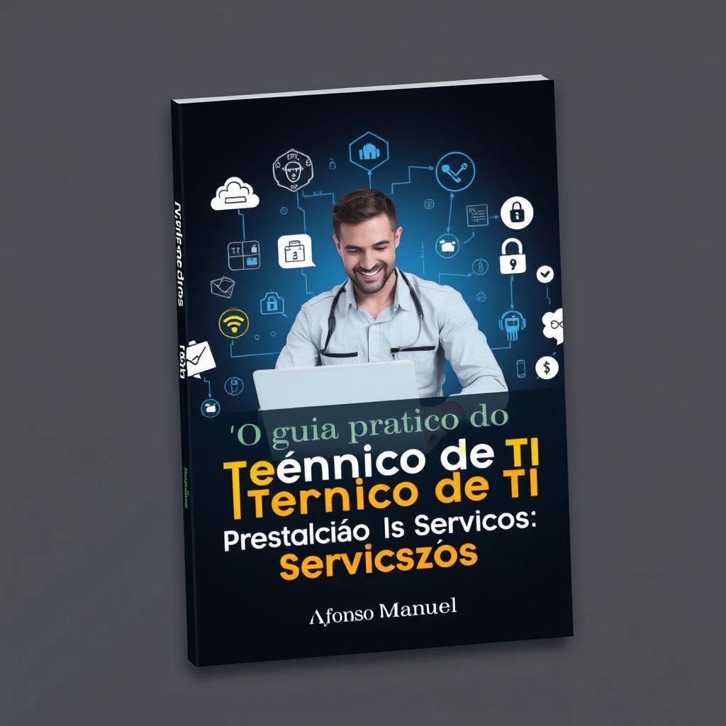 An ebook cover design showcasing a smiling IT technician actively working on a laptop, surrounded by a variety of icons representing IT services, including cloud computing, cybersecurity, and technical support