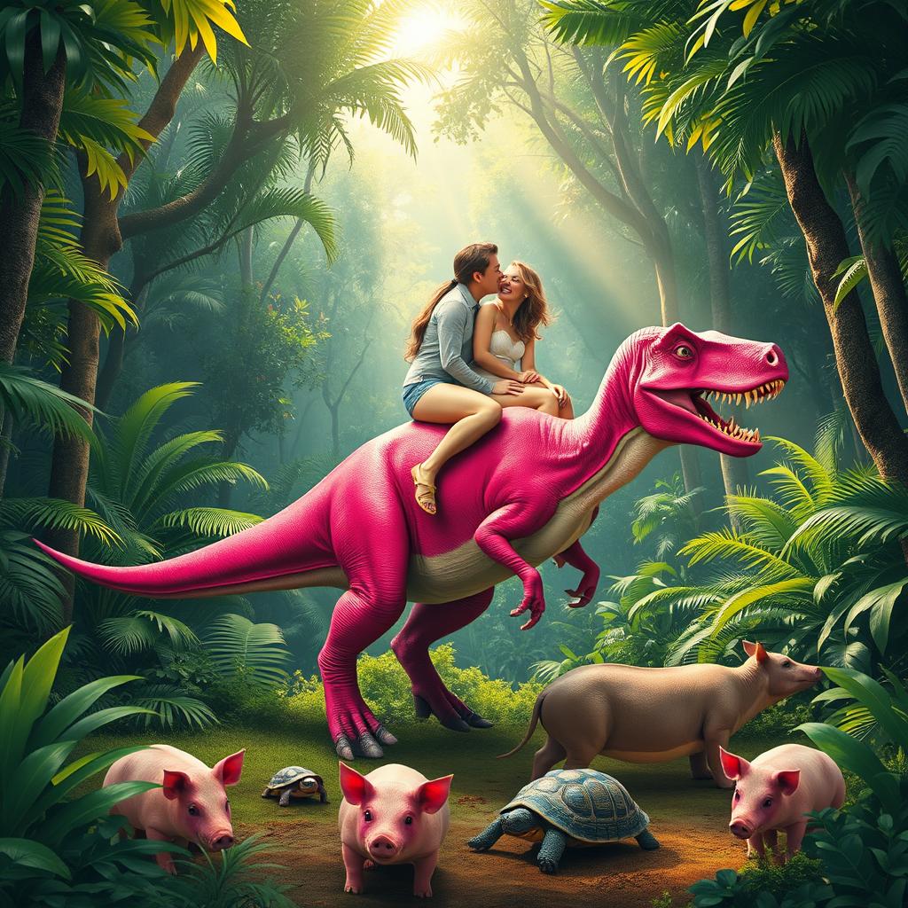 A whimsical scene in a lush rainforest where a vibrant pink Tyrannosaurus rex is being ridden by two joyous people engaged in a kiss