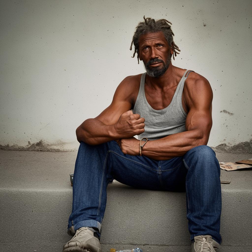 A muscled homeless man emanating resilience despite his hardships, with worn clothing and a determined gaze.