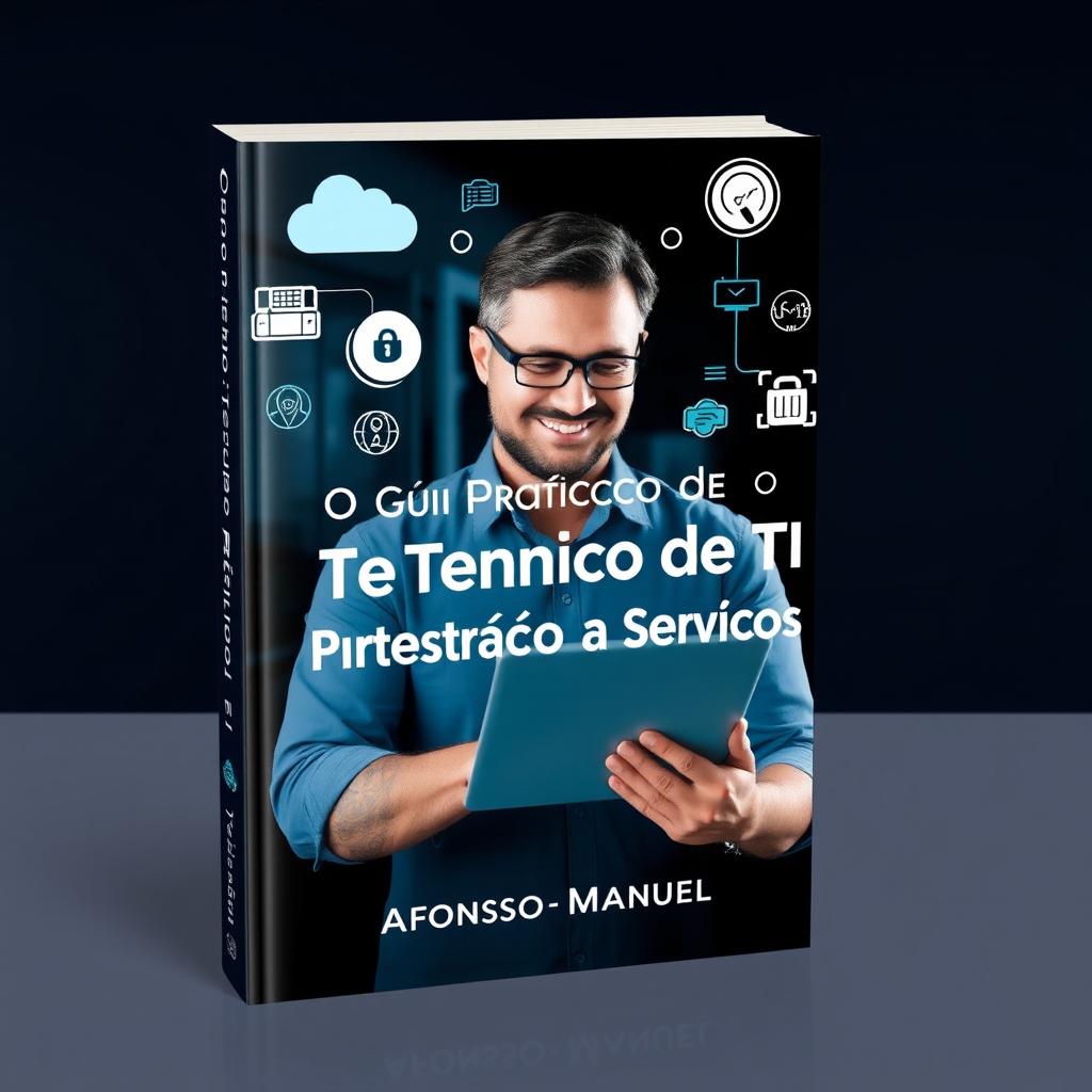 An ebook cover design featuring a smiling IT technician focused on a notebook, surrounded by various icons that symbolize IT services like cloud computing, cybersecurity, helpdesk support, and networking