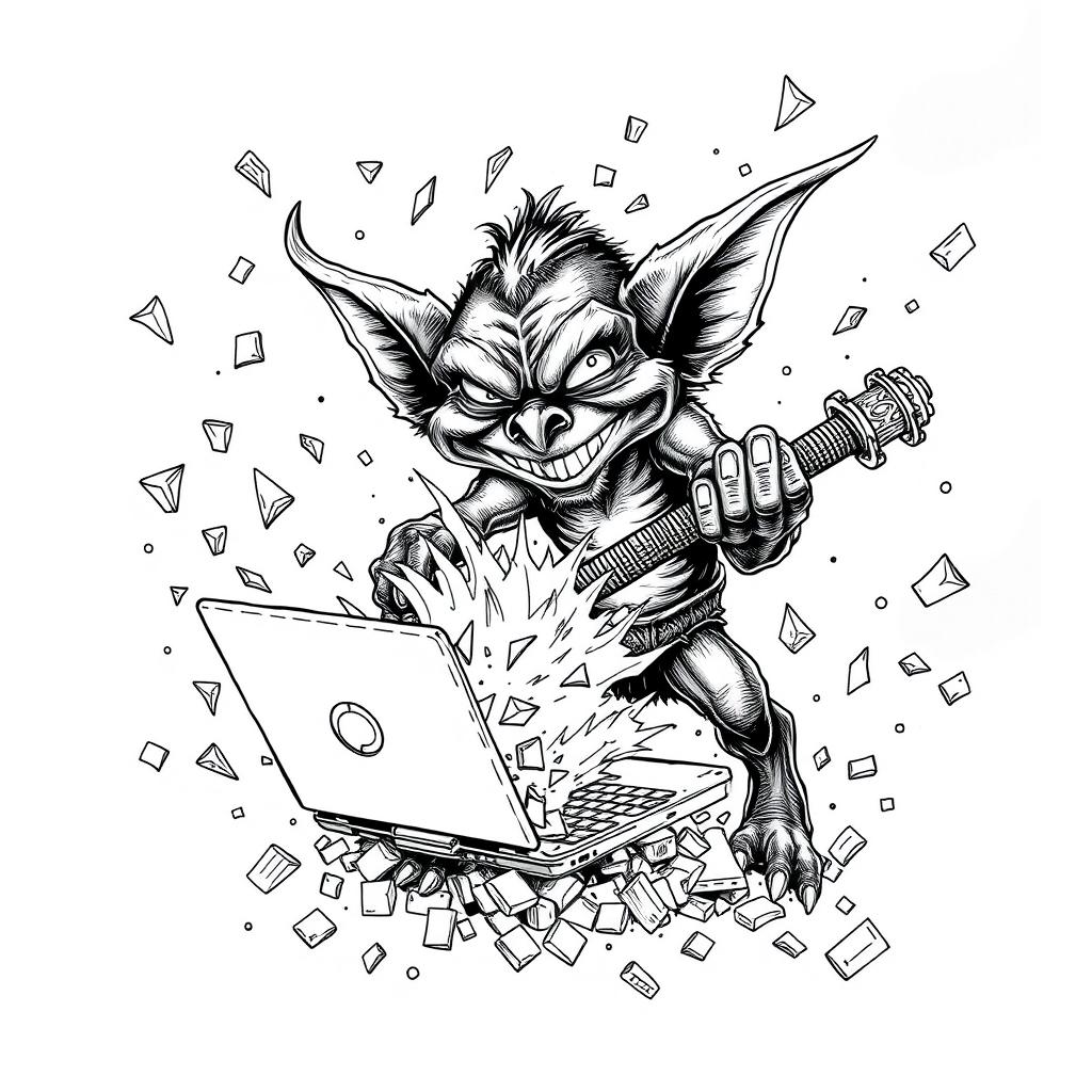 A dynamic blackwork drawing depicting a mischievous gremlin energetically hitting a laptop with a fire axe