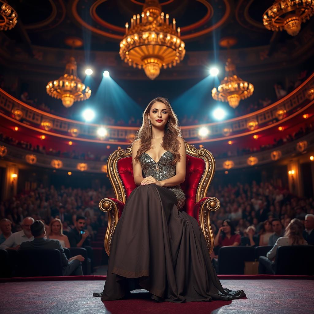 A beautiful actress sitting gracefully on a luxurious diva chair on a grand theatre stage, surrounded by a packed audience