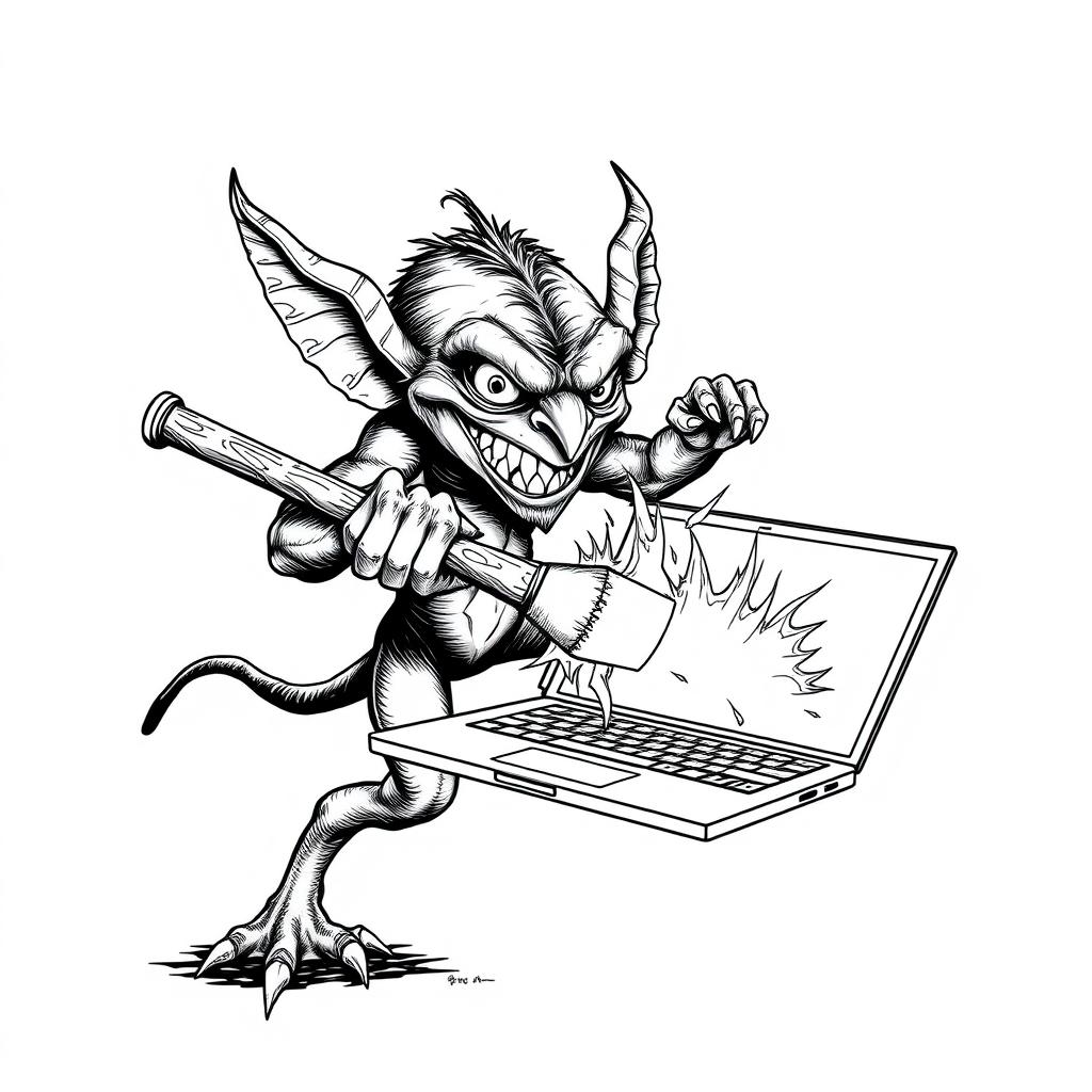 Mischievous Gremlin vs. Modern Laptop: A Striking Blackwork Artwork