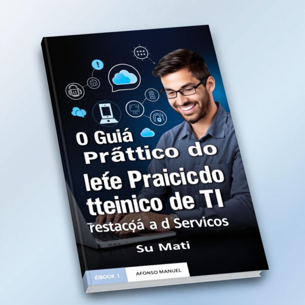 An ebook cover image that depicts a smiling IT technician focused on a laptop, surrounded by a collection of visually appealing IT service icons that represent aspects like cloud computing, cybersecurity, and technical support