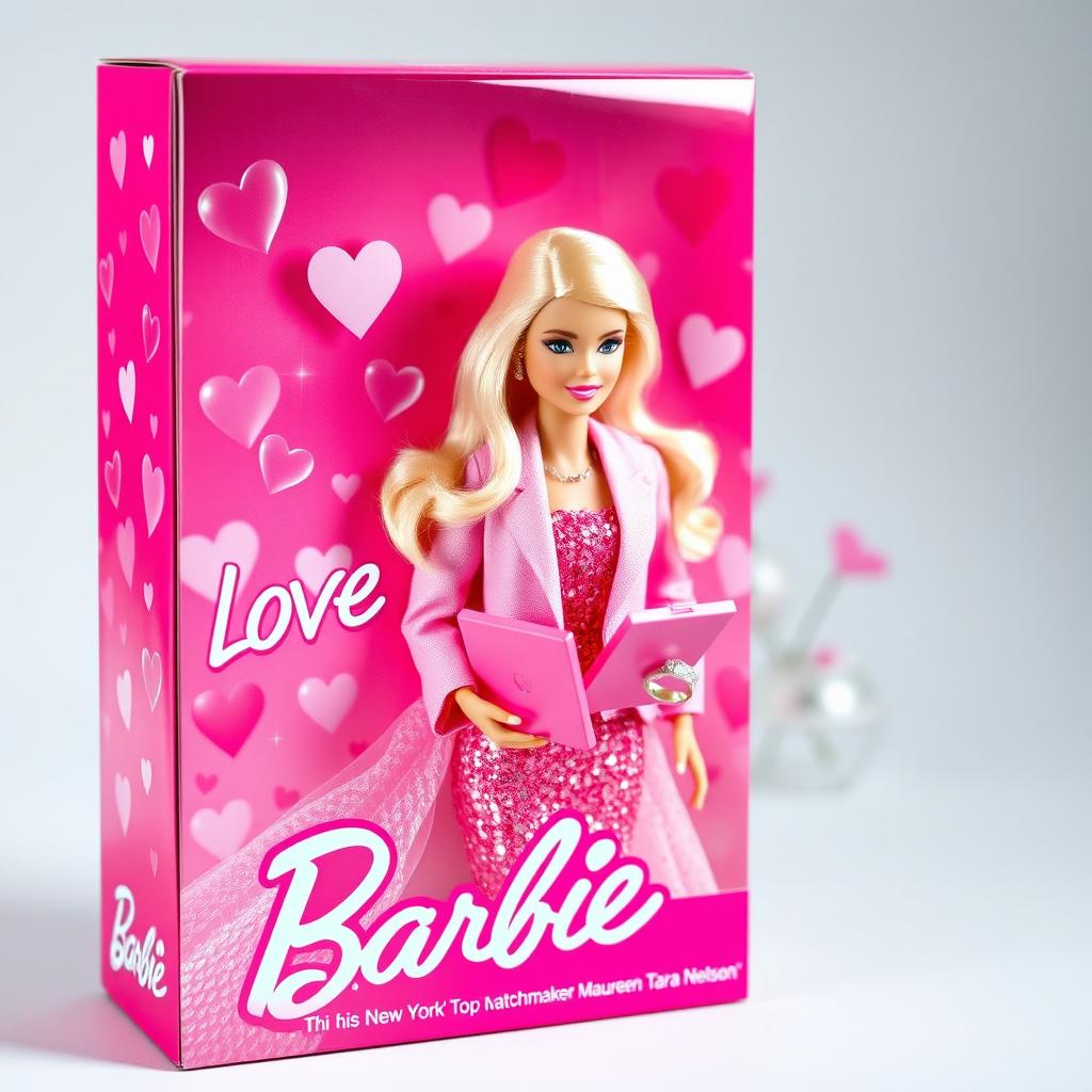 A vibrant and glossy pink packaging box showcasing a Barbie doll against a romantic wedding background filled with hearts