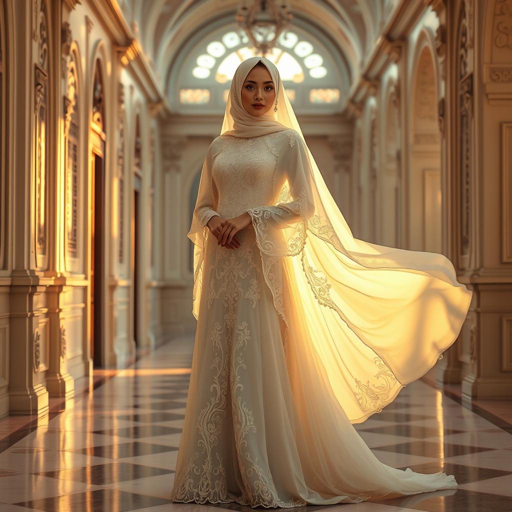 A fantasy Muslim bride wearing a flowy ivory gown with intricate lace details, embellished with long cape sleeves and a soft white shawl, standing gracefully in a magical palace hallway