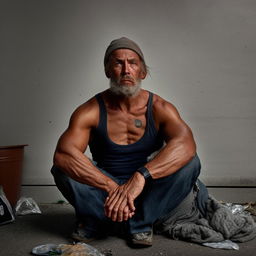 A muscled homeless man emanating resilience despite his hardships, with worn clothing and a determined gaze.