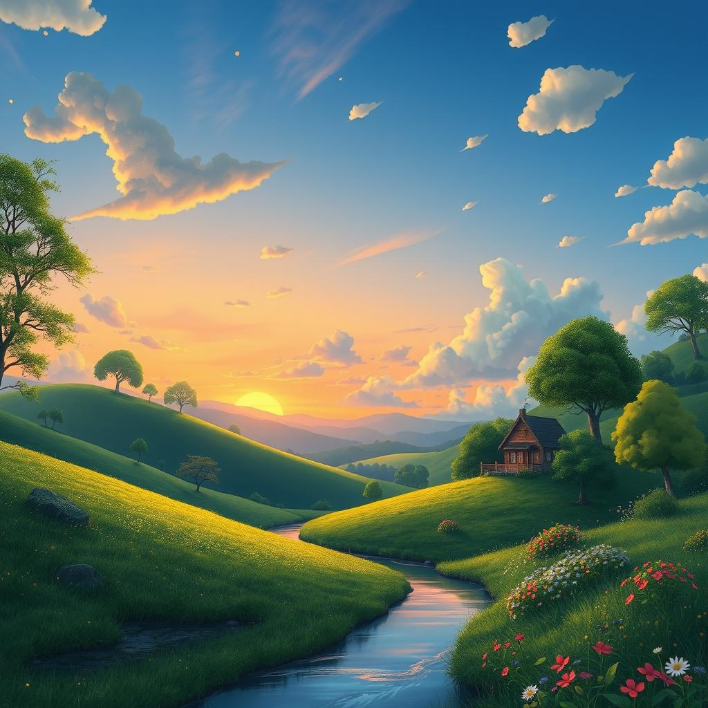 A serene landscape inspired by Studio Ghibli, featuring a lush green valley with rolling hills and whimsical trees