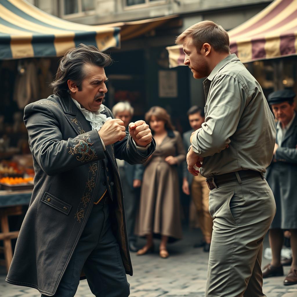 A tense scene in the 19th century featuring one man in a passionate display of anger towards another
