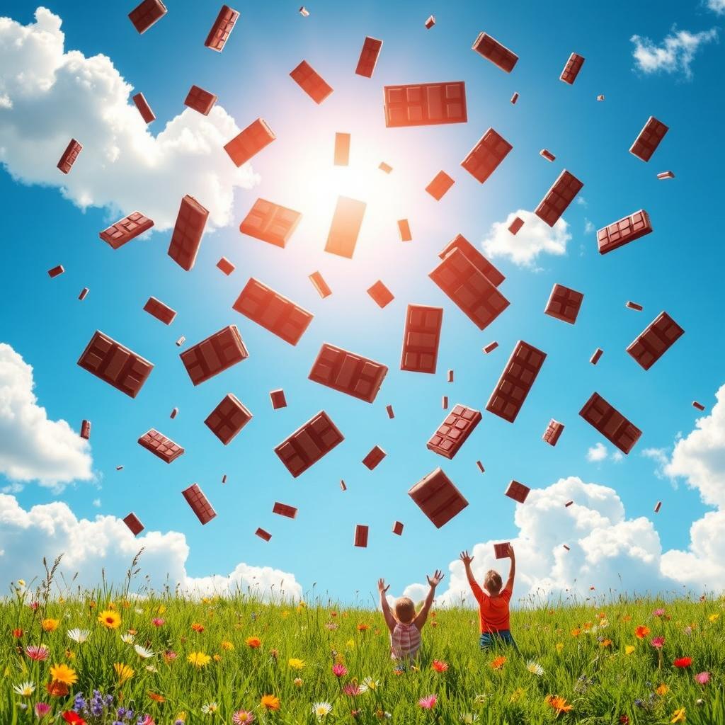 A whimsical and enchanting scene of chocolate bars raining down from a clear blue sky, surrounded by fluffy white clouds