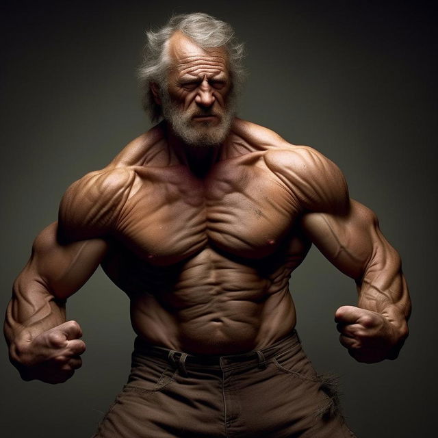 The same homeless man, now further exaggerated with more defined and sculpted muscles, showcasing unprecedented physical strength.