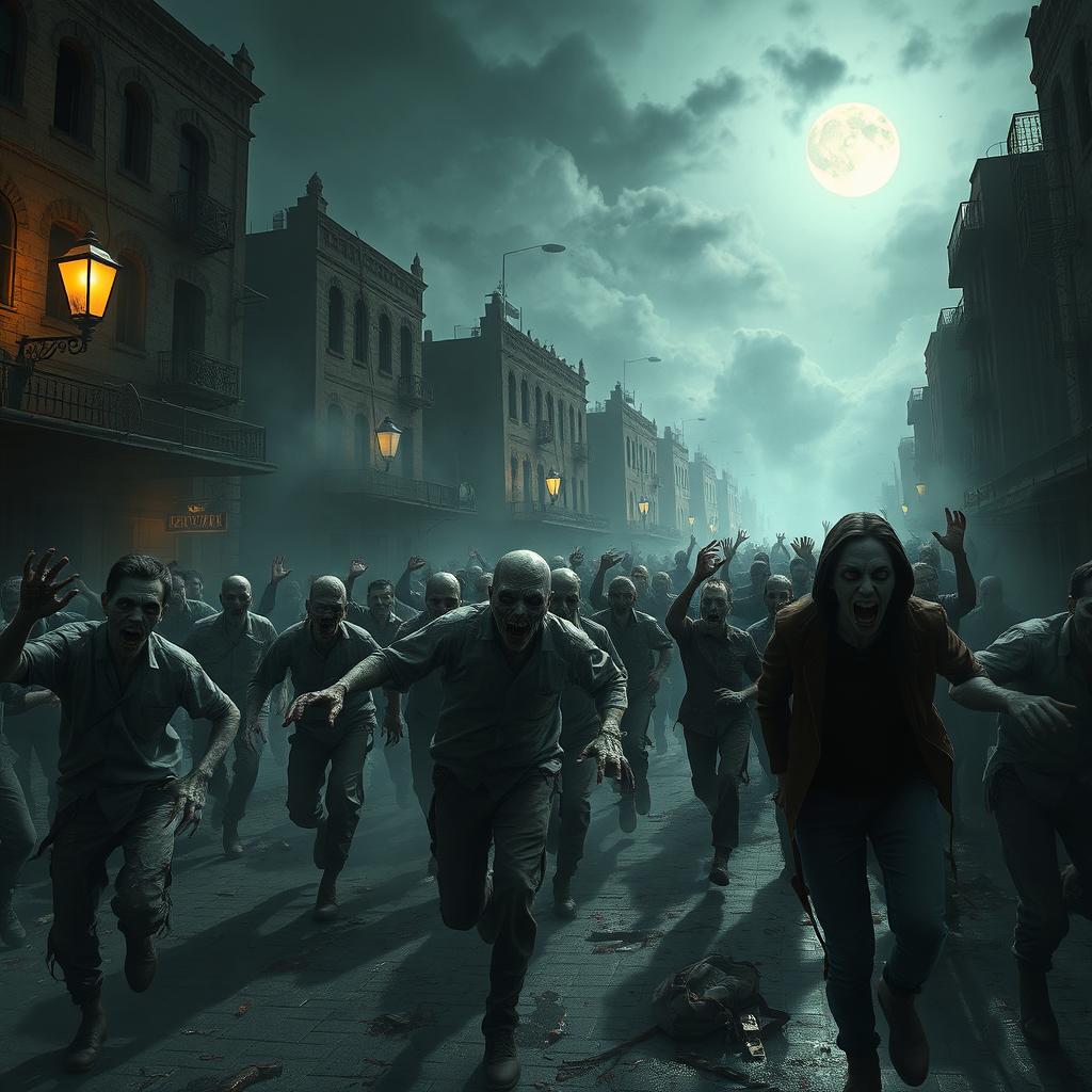 A chilling scene of a city under siege by a horde of terrifying zombies