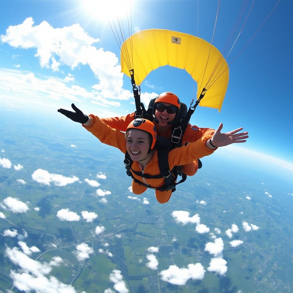 A pilot and co-pilot descending from the sky with parachutes, showcasing a clear blue sky with fluffy white clouds