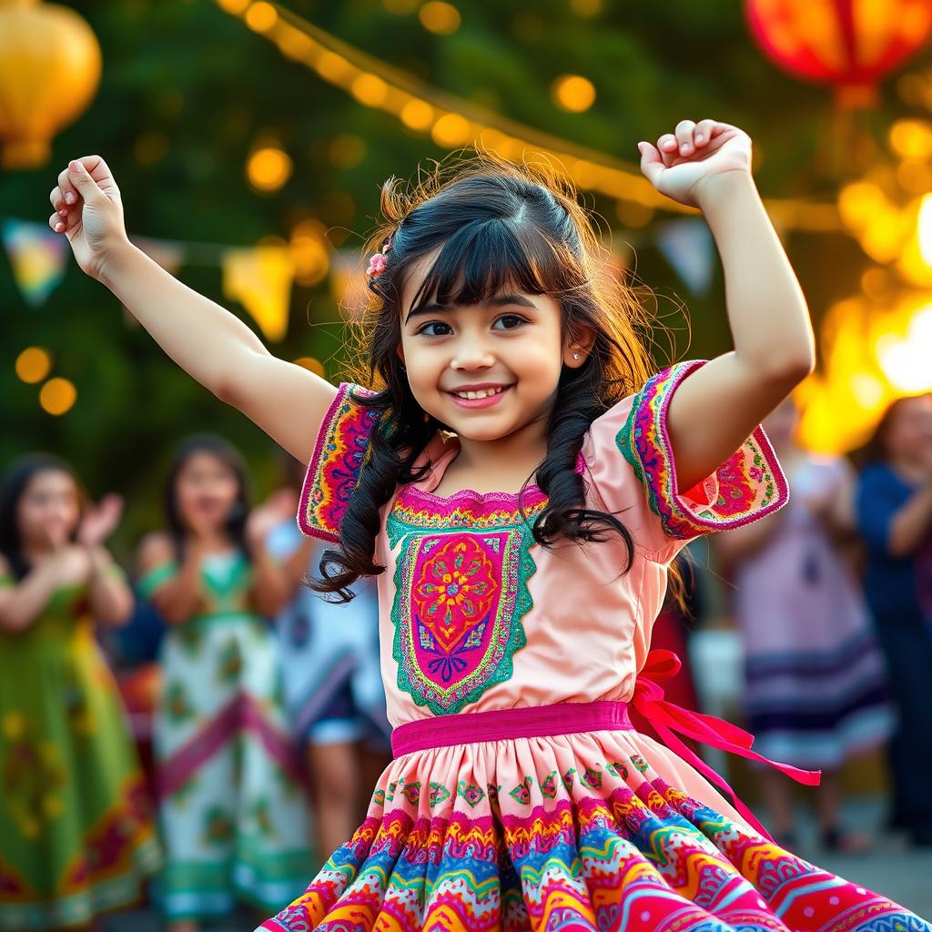 A beautiful young girl with dark brown hair dancing joyfully