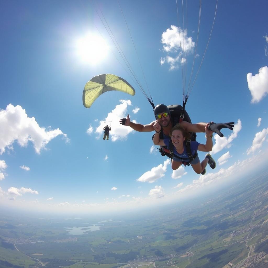 A pilot and co-pilot descending individually from the sky with their own parachutes, each showcasing a unique design