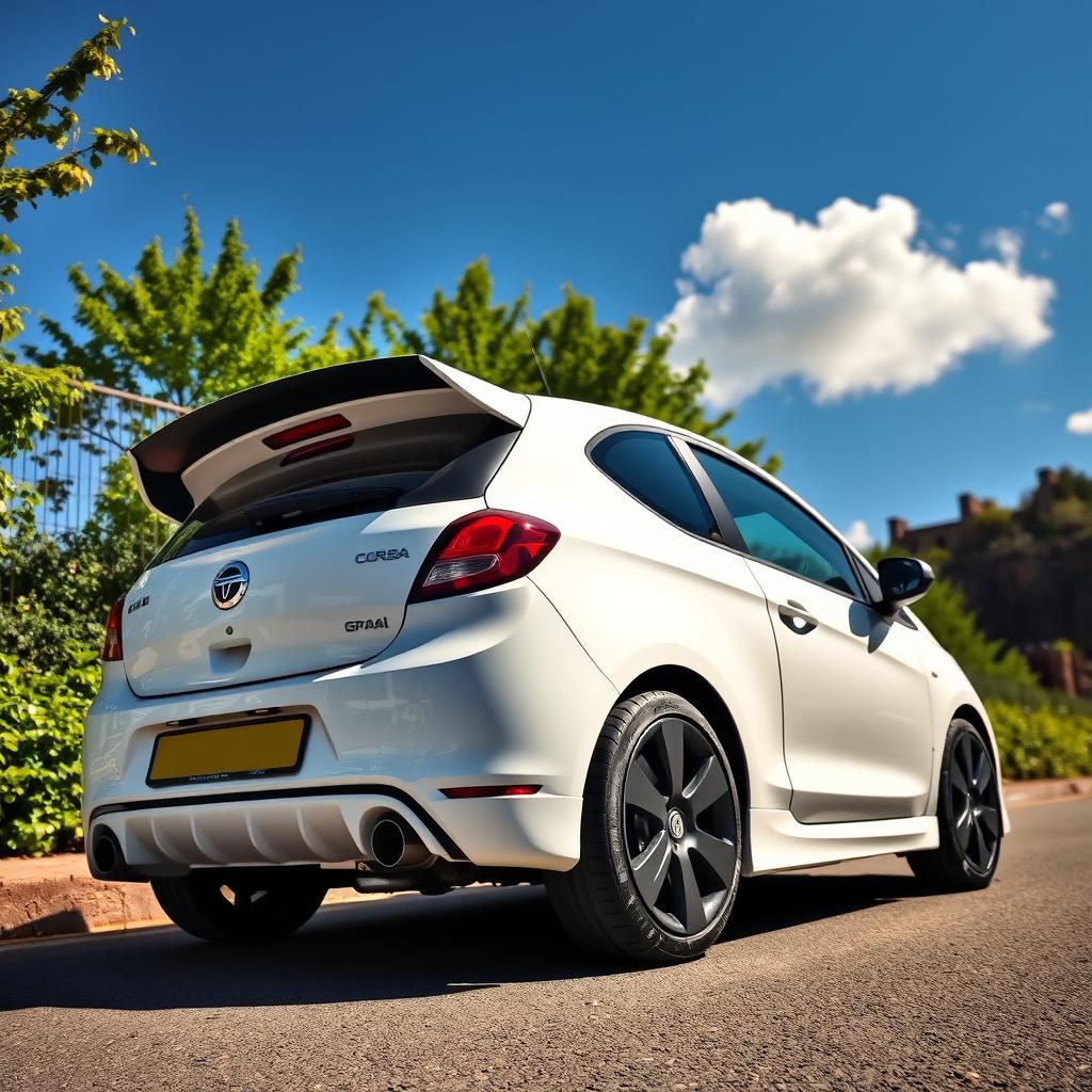 A white Corsa car with a sleek black spoiler