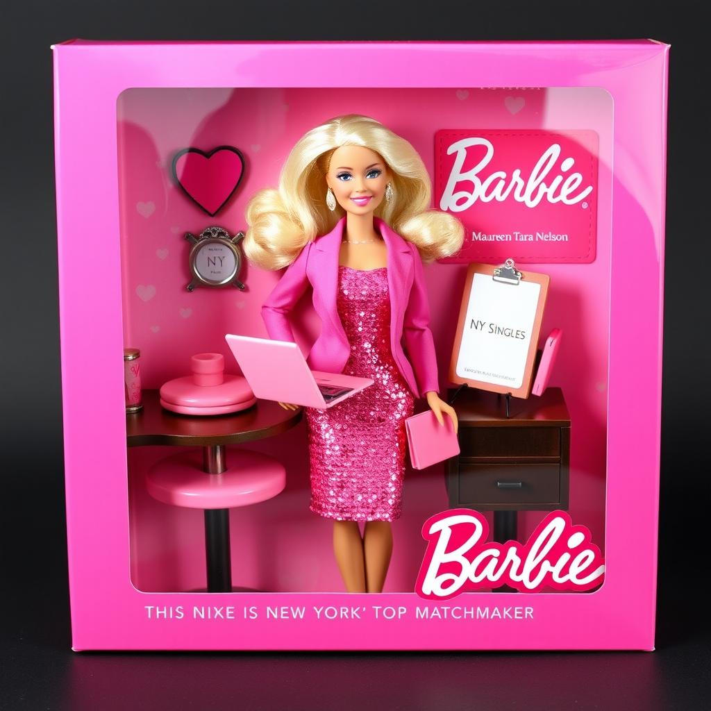 A vibrant, glossy pink packaging box featuring a clear window showcasing a Barbie doll in a romantic office setting