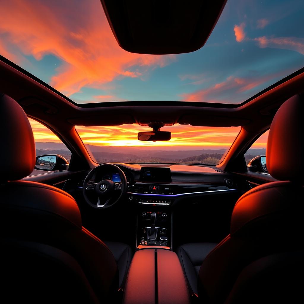 A cozy, inviting interior of a luxury car, featuring sleek leather seats and an elegant dashboard lit by ambient lighting