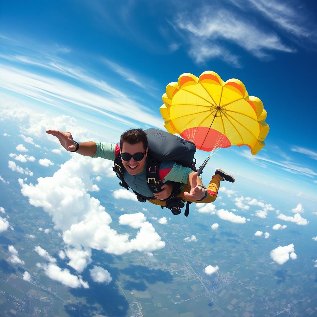A pilot and co-pilot of an airplane descending individually from the sky with their own parachutes, each featuring colorful designs