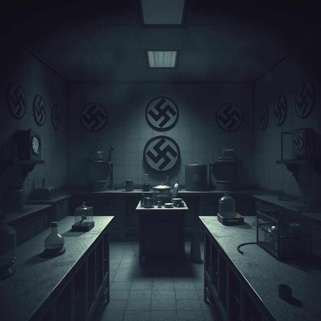 A haunting and introspective scene depicting the dark history of unethical experiments performed in labs during World War II