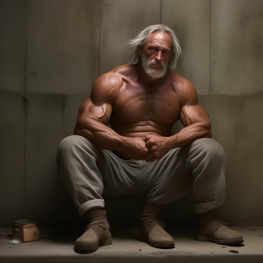 The same homeless man, now further exaggerated with more defined and sculpted muscles, showcasing unprecedented physical strength.