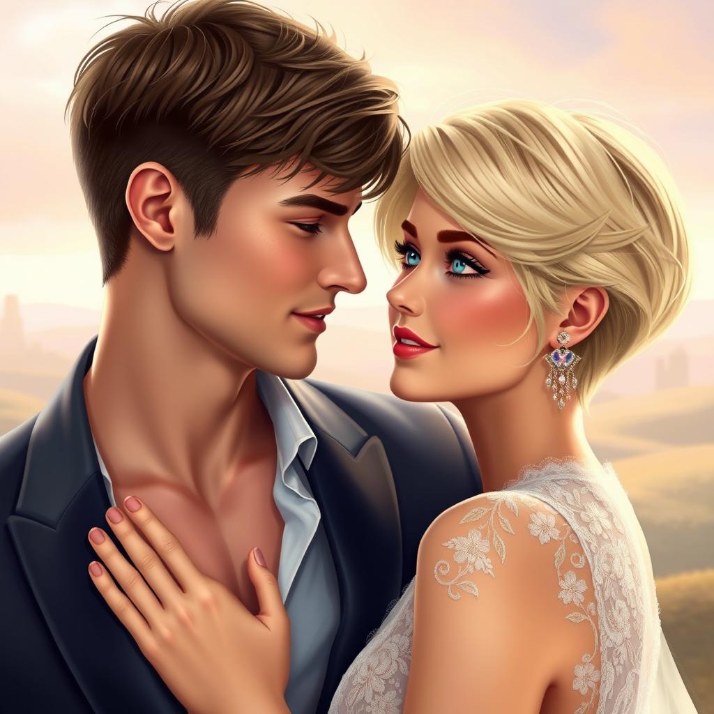 A romantic scene featuring Brad, a handsome man, alongside a beautiful blonde woman with short hair and striking blue eyes