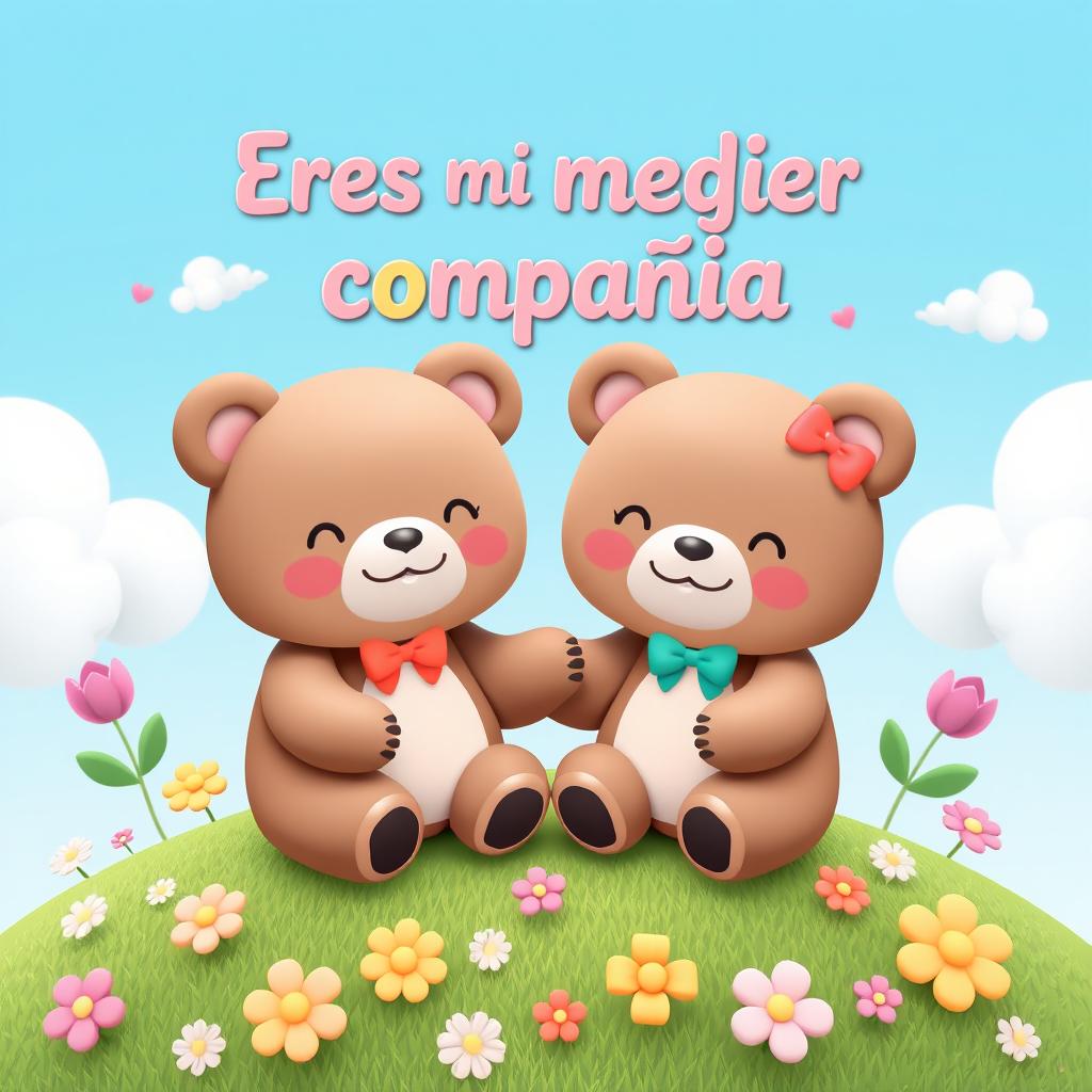 A cute 3D kawaii-style illustration depicting a loving couple of bears, one bear has pink cheeks and a gentle smile, holding hands while sitting on a grassy hill surrounded by colorful flowers