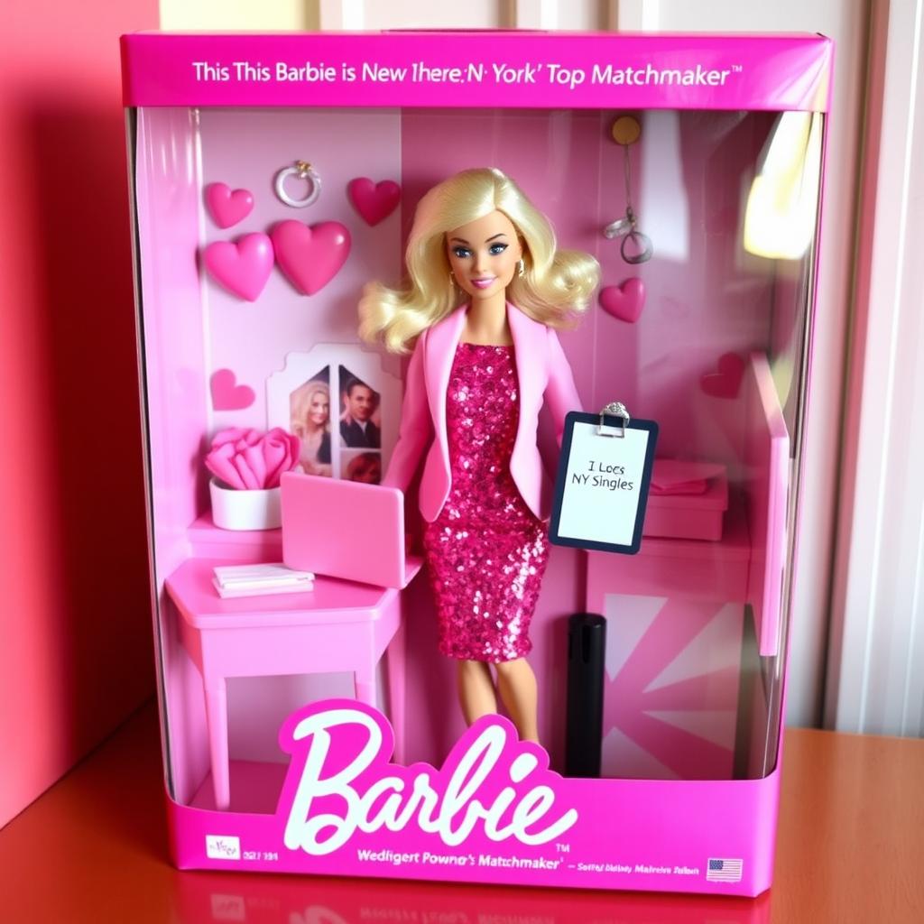 A vibrant and glossy pink packaging box featuring a clear window showcasing a Barbie doll set against a romantic office setting