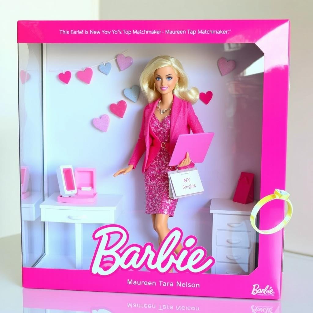 A vibrant and glossy pink packaging box featuring a clear window that showcases a Barbie doll set against a white-colored office setting