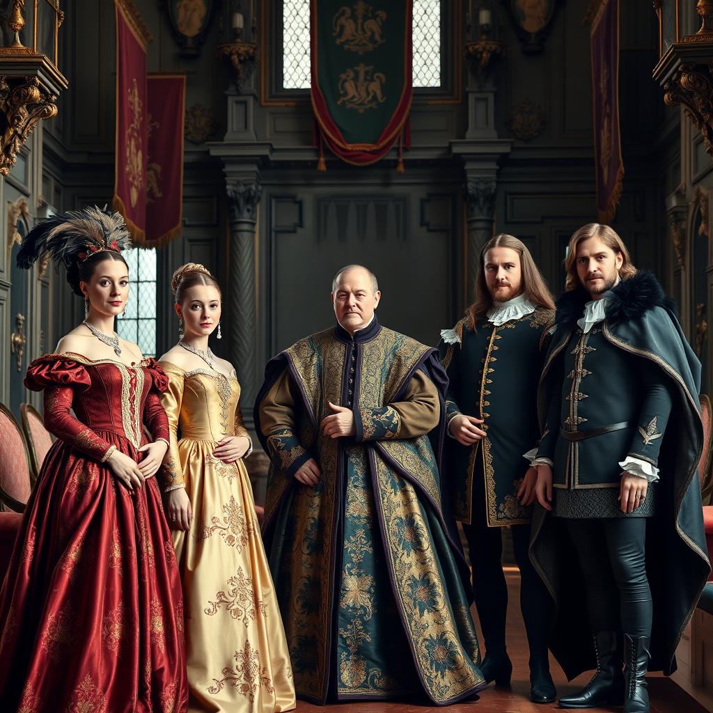 A lavish English royal court scene set in the Renaissance era, featuring five individuals standing together