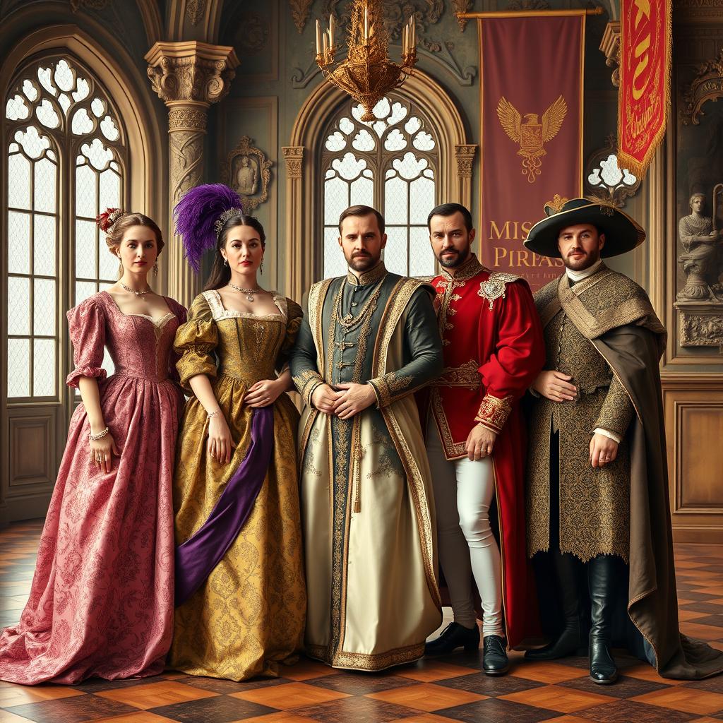 A vibrant English royal court scene from the Renaissance era, with five individuals standing proudly together