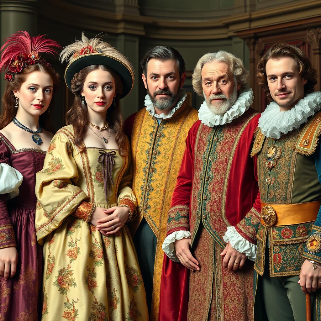 A close-up depiction of a vibrant English royal court scene from the Renaissance era, featuring five individuals standing together prominently