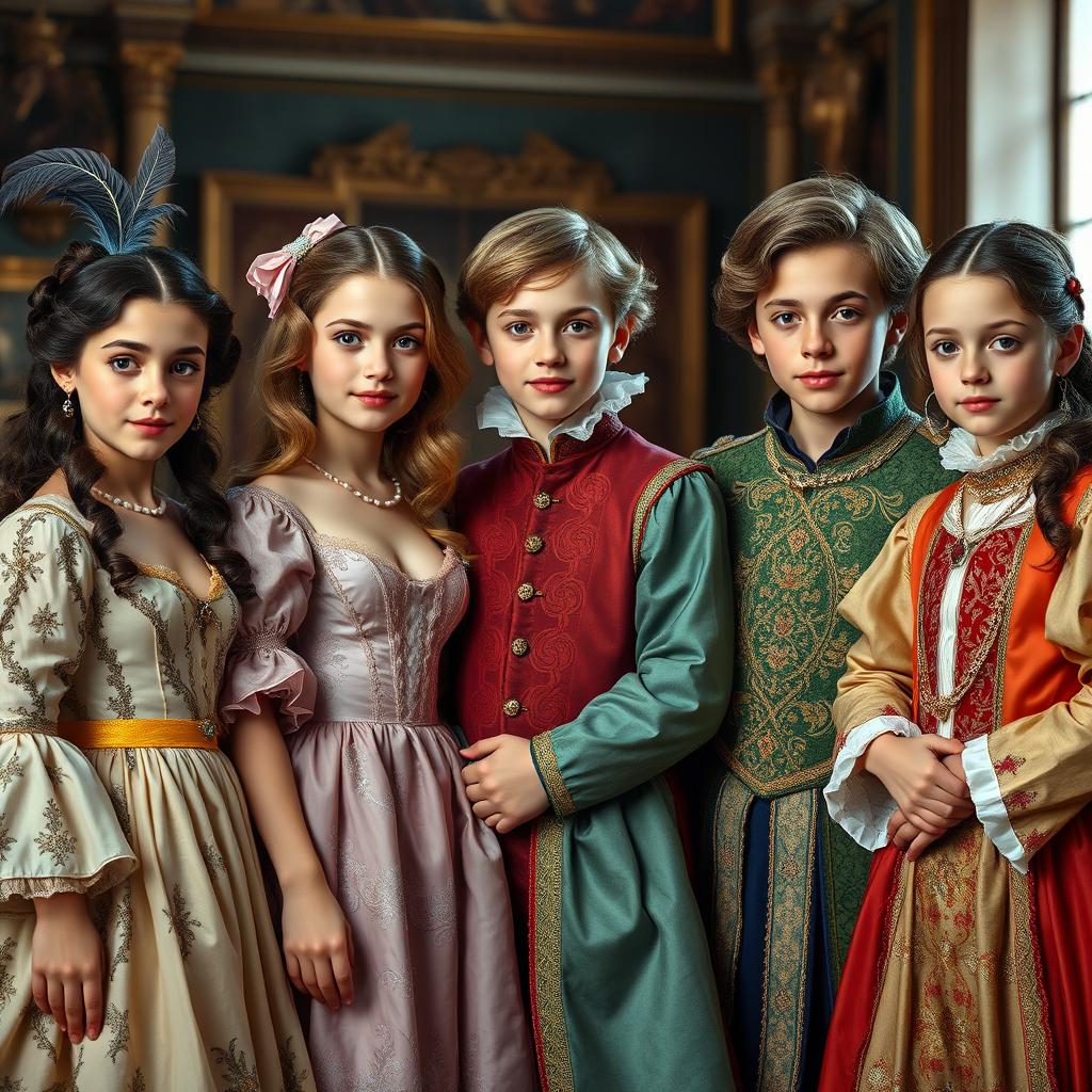 A close-up portrayal of a vibrant English royal court scene from the Renaissance era, featuring five youthful individuals standing together
